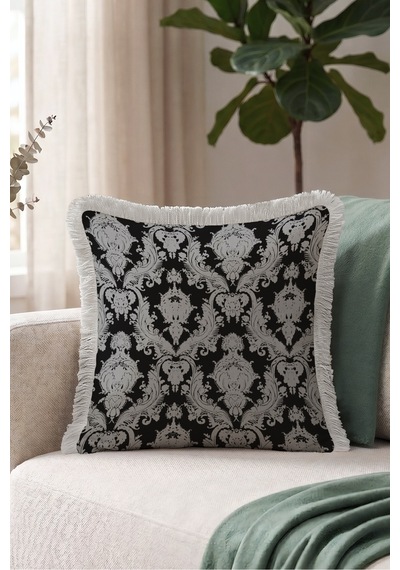 Lüks Damask Barok Desenli Saçaklı Yastık Kılıfı - Zarif Avangart Siyah Gri Püsküllü Kırlent Kılıfı Puslu Kanyon Halo Lüks Damask Barok Desenli Saçaklı Yastık Kılıfı - Zarif Avangart Siyah Gri Püsküllü Kırlent Kılıfı Puslu Kanyon Halo