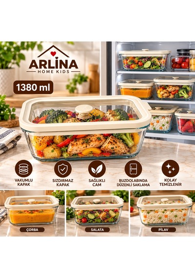 1380 Ml Vakum Kapaklı Cam Saklama Kabı Krem