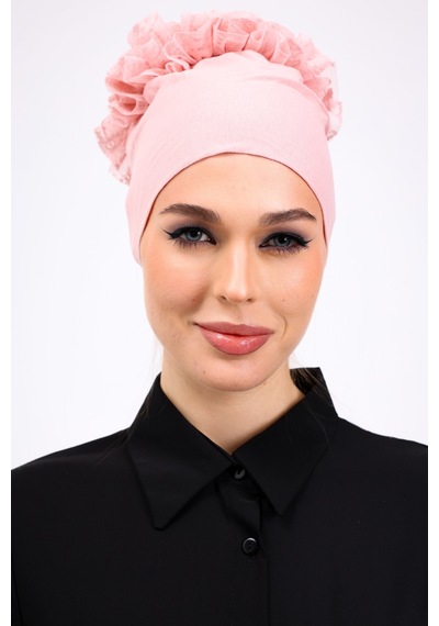 Loggia Fırfırlı Dikişsiz Penye Bone Pembe - Kadın Tesettür Bağlamalı Topuz İç Bone Pudra Pembe