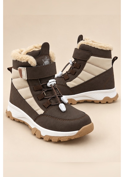 Muggo Peak İçi Kürklü Cırtlı Ve Bağcıklı Unisex Çocuk Kar Botu Kahverengi