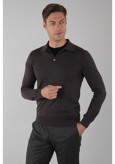 Bisse Kahve Düğmeli Polo Yaka Erkek Yün Triko Tr24k24201 D11 Kahverengi