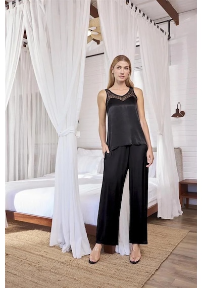 Ang Butik Kadın Viskon Dantelli Ve Dekolteli Saten Pijama Takımı Siyah