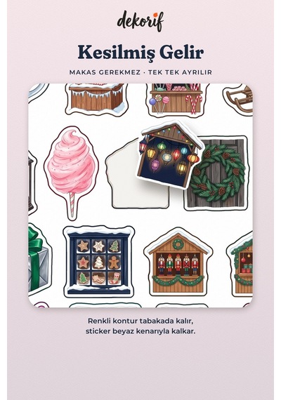 Yeni Yıl Panayırı Sticker Seti 100 Adet - Işıltılı Dükkanlar Karlı Sokaklar Renkli Ajanda Çıkartma Çok Renkli