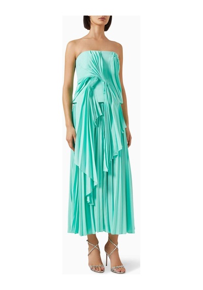 Acler Bolton Midi Elbise - - %100 Polyester - Burgu Detaylı Bustiyer & Plise Satin Etek Turkuaz