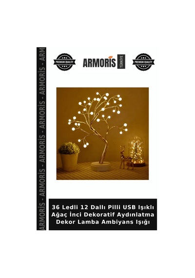 36 Ledli 12 Dallı Pilli Usb Işıklı Ağaç İnci Dekoratif Aydınlatma Dekor Lamba Ambiyans Işığı Çok Renkli