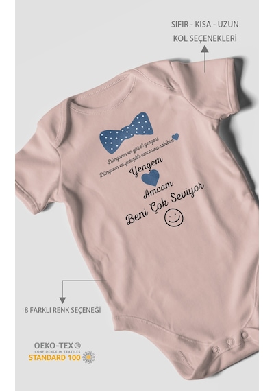Yengem Ve Amcam Beni Çok Seviyor Baskılı Bebek Zıbını Çıtçıtlı Body %100 Pamuk Kısa Kol Pastel Pembe