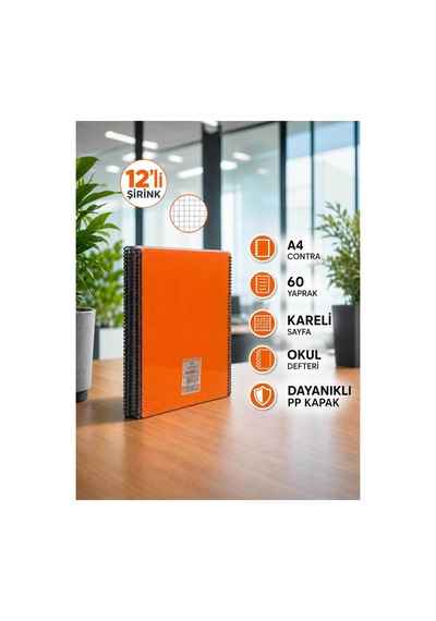 Pp Kapak Spiralli 60 Yaprak A4 Kareli 12 Adet Defter Çok Renkli