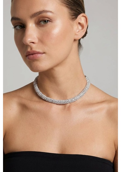 Valmont Accessories Kristal Taşlı 25+10 Cm Choker Işıltılı Şık Kadın Yuvarlak Boru Tasma Kolye Gümüş