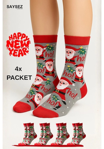 Saysez Unisex Yılbaşı Desenli 4'lü Paket Renkli Soket Çorap Christmas Happy New Year Renkli9