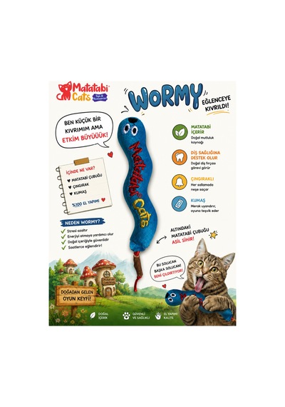 Wormy Sesli Ve Doğal Matatabili Peluş Kedi Oyuncağı 17 Cm Kedi Otu/nanesi Içermez