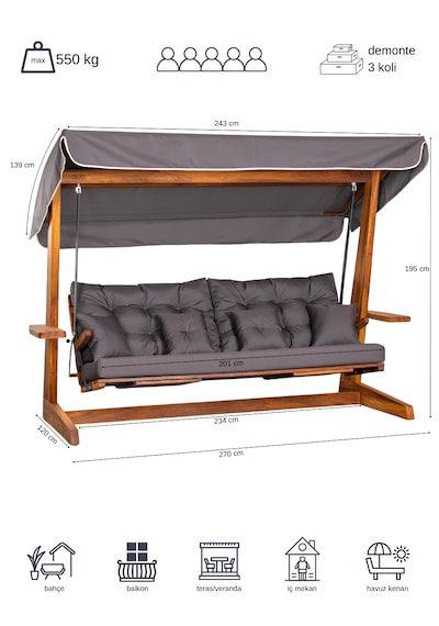 Luna Deluxe 2600 Iroko Beş Kişilik Yatak Olma Ve Ayak Uzatma Sehpalı Ahşap Bahçe Salıncağı Antrasit Minder Seti Dahil Antrasit