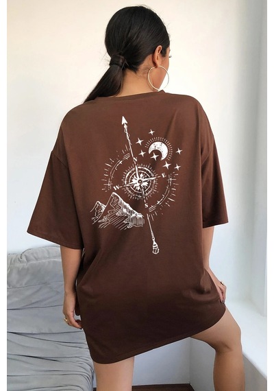 Unisex Pusula Baskılı T-shirt Kahverengi
