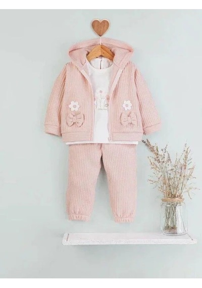 Baby Rose Kız Bebek Papatya Nakışlı Hırkalı 3lü Eşofman Takım-14922 Pudra