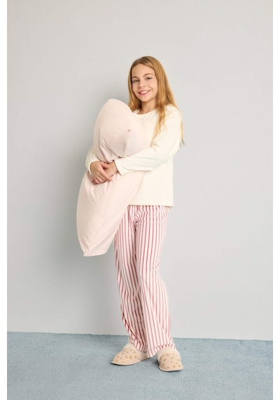 Defacto Pijama Takımı Uzun Kollu Üst Çizgili Uzun Alt Kız Çocuk D1068A824WN Bordo
