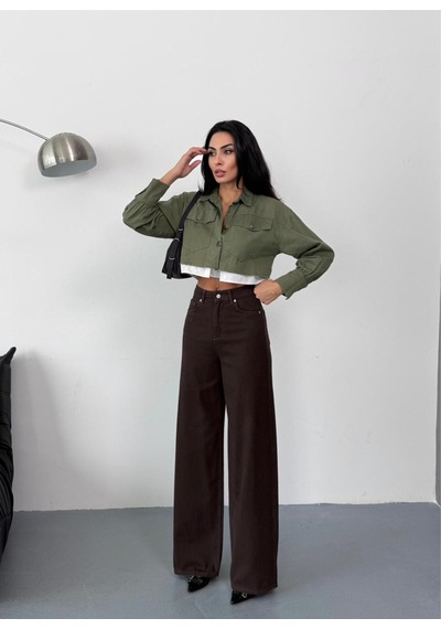 Kadın Kahverengi Baggy Jean Yüksek Bel Geniş Paça Kot Pantolon Kahverengi+baggy