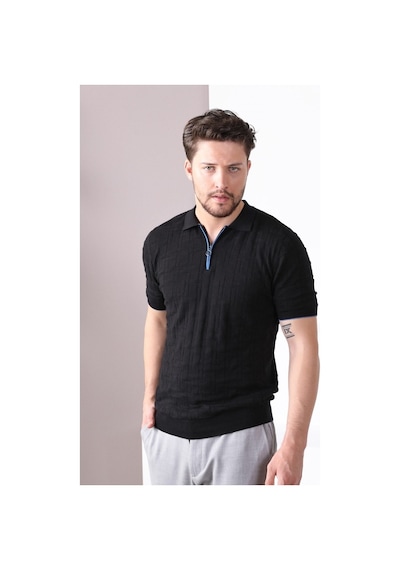 Ferraro Siyah Polo Yaka Fermuarlı Erkek Pamuk Triko T-Shirt-Siyah (490417671) Siyah