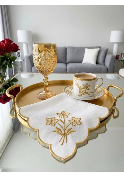 Nakışlı Sunumluk Peçete Kahve Yanı Kokteyl Peçetesi Bardak Altlığı Gold Çiçek Desen Beyaz