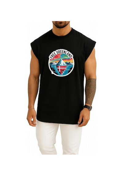 Bahriyeli Collection Oversize Özgür Grönland Göğüs Baskılı Atlet Siyah