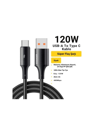 Essager 2 Metre 6a 120w Mega Hızlı Usb To Type C Şarj Data Kablosu, Akım,ısı Korumalı, Güçlü Kablo