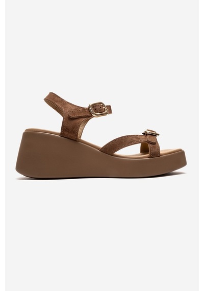 Luvishoes Kalıa Toprak Süet Hakiki Deri Tokalı Kadın Dolgu Topuklu Sandalet