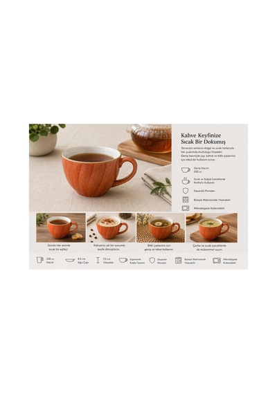 Porselen Çay Fincanı 230 Cc, Terracota, Bulaşık Makinesi Ve Mikrodalga Uyumlu, 6'li Set Diğer