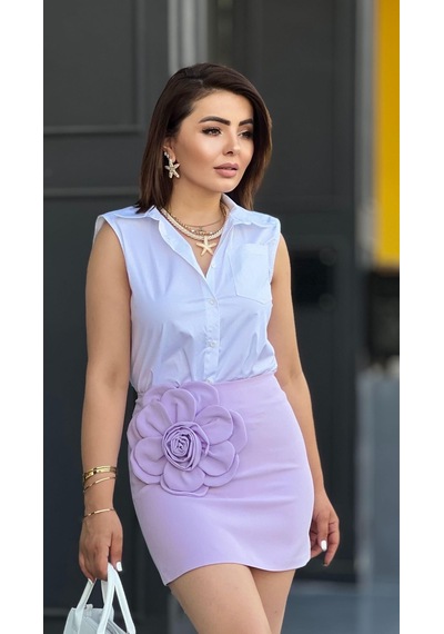 Lila Premium Çicek Detaylı Mini Etek Lila