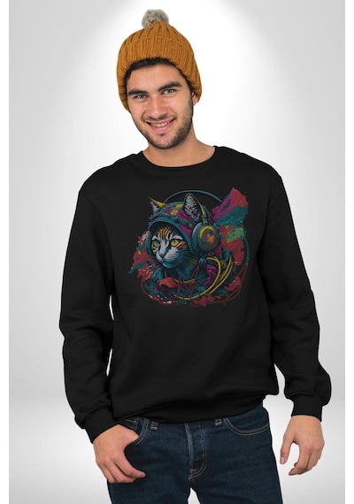 Kulaklık Kedi Müzik Tekir Unisex Siyah Baskılı Sweatshirt Siyah