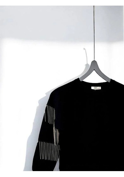 Kız Çocuk Yüzde Yüz Pamuklu İki İplik Zincir Detaylı Sweatshirt-14446 Siyah