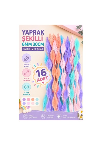 Pastel Renkli 16 Adet Yaprak Şekilli Şönil 30 Cm 6mm Karışık Pastel Renkler Tüylü Peluş Elişi Hobi Okul Öncesi Kreş
