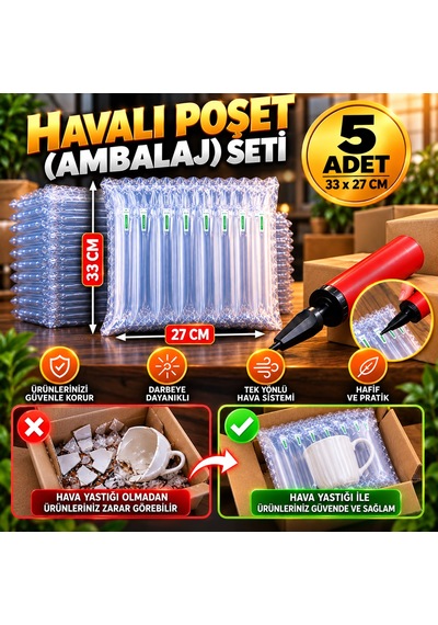 Havalı Poşet Ambalaj Seti 33cm X 27cm - 5 Adet + Şişirme Aparatı