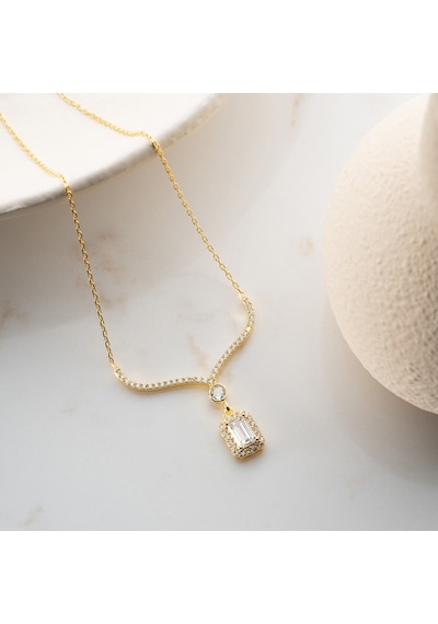 Vaoov 925 Ayar Gümüş Baget Taşlı Gold Sallantılı Hediye Kolye Altın