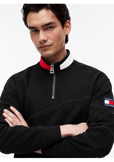 Tommy Hilfiger Yarım Fermuar Dik Yaka Sweatshirt Siyah