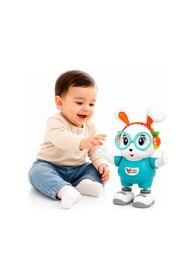 Dans Eden Sevimli Tavşan Elleri Ve Ayakları Haraketli 18 Cm Işıklı Sesli Eğitici Oyuncak Tavşan Turkuaz