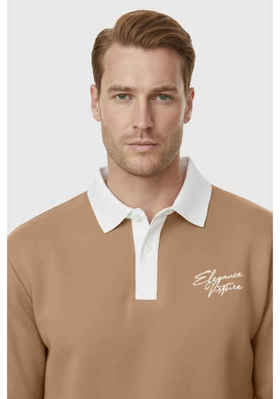 Deepsea Erkek Camel Relax Fit İçi Polarlı Polo Yaka Sweatshirt Pamuklu Kalın Sweatshirt 2600762 Camel