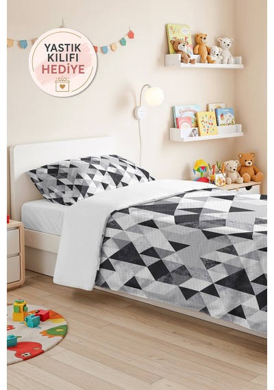 Gri Geometrik Genç Odası Tek Kişilik Pike Takımı - Siyah Modern 160x220 Cm Kapitone Yatak Örtüsü Mahmur Kadife Ufku