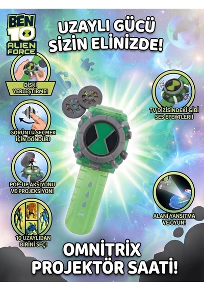 Ben10 Omnitrix Projektör Saat 16 Görüntü Projeksiyonlu Sesli Ayarlanabilir Kayışlı Kol Saati Oyuncak Ben 10