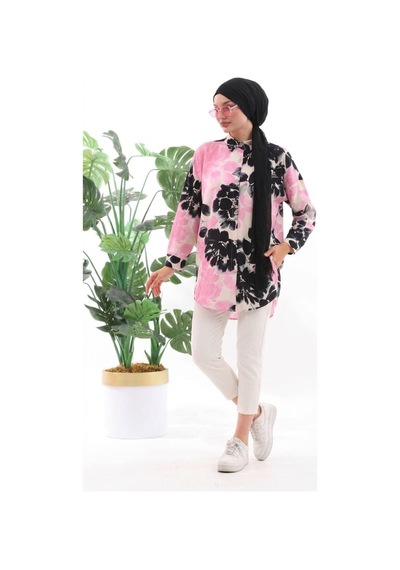 Polologin Butik Yeni Sezon Viskon Kumaş Çiçekli Tunik - Tesettür Giyim Pembe
