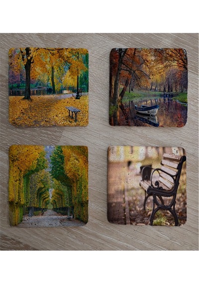Sonbahar Manzaraları Doğal Taş Bardak Altlığı 4'lü Set - Natural Stone Coasters - Taş Çok Renkli