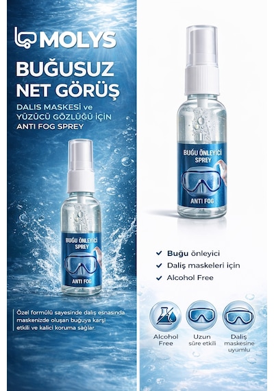 Molys Anti Fog Sprey 50 ml - Dalış Maskesi Ve Yüzücü Gözlüğü Buğu Önleyici - Alcohol Free Şeffaf - 50 ml
