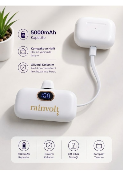 Rainvolt Mini Kapsül Powerbank Led Dijital Göstergeli & Dahili Kablolu Taşınabilir Şarj Cihazı Beyaz