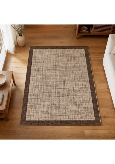 Kartela Halı Jüt Görünümlü Kalın Çerçeveli Halı Kahverengi Kaymaz Taban 80x120 Cm