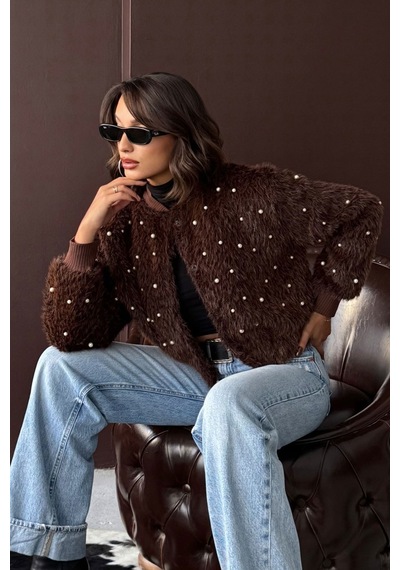 Verymoda Suni Kürk Bomber Ceket - İnci Detaylı Kahve