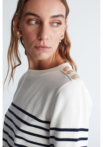 Styleboom X Peraluna Audrey Pullover Omzu Düğmeli Çizgili Organik Pamuk Mevsimlik Kadın Triko Kazak Ekru/lacivert-ekru Ekru