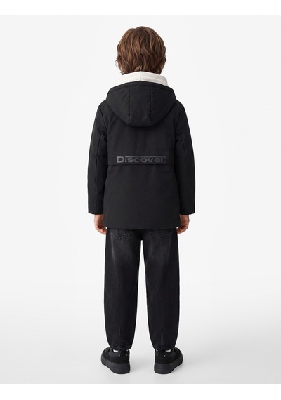Koton Uzun Kollu Çıtçıtlı Cepli Slim Fit Kapşonlu Mont Siyah 7wkb00008tw