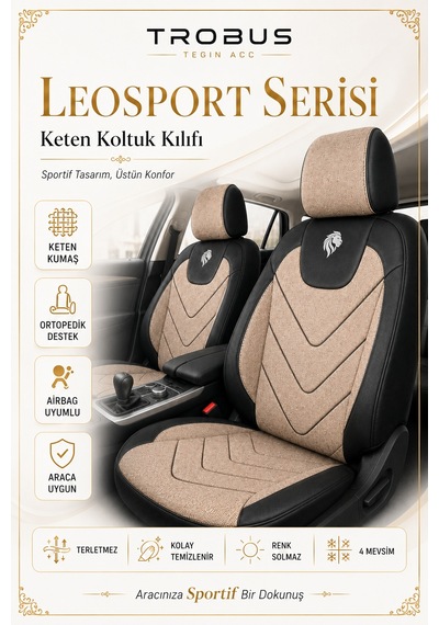 Renault Fluence 2010 Sonrası Uyumlu Leosport Serisi Bej Siyah Ortopedik Keten Koltuk Kılıfı