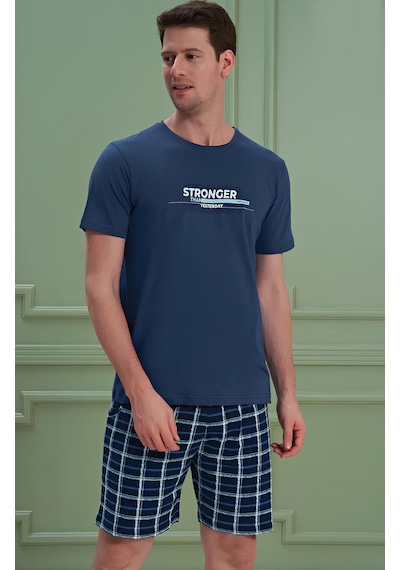 Dode Flora Erkek Yazılı Kısa Kollu Şortlu Pijama Takım - 1202 - Ovr - Slp Lacivert
