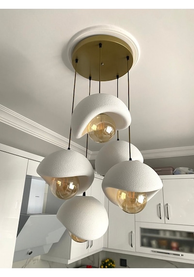 Modern 5'li Avize Beton Dokulu - Salon Ve Oturma Odası İçin Şık Tasarım Rustik Ampul Hediyeli Eskitme - Gold