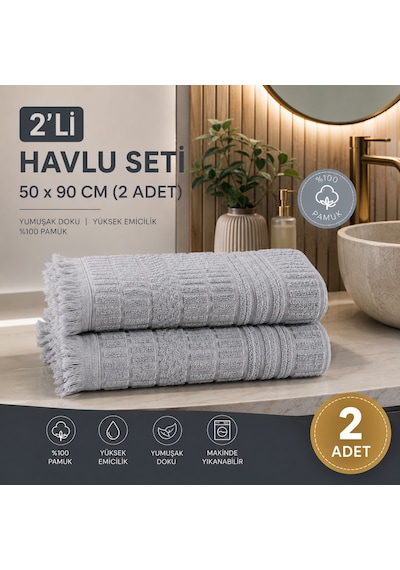2'li Yüz Havlusu Seti 50x90 Cm Pamuklu El Havlusu Püsküllü Yumuşak Dokulu Yüksek Emici Günlük Kullanım Gri
