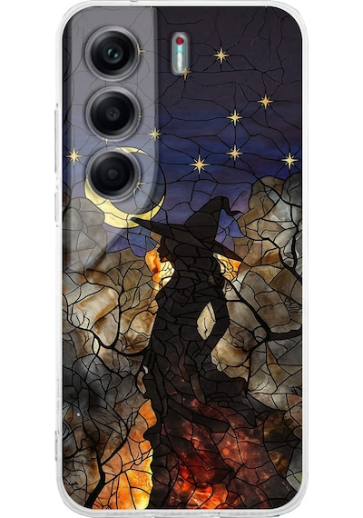 Printify Tecno Camon 40 İle Uyumlu Vitray Cadı Saati Tasarımlı Şeffaf Silikon Kılıf Şeffaf