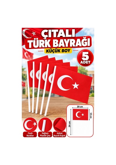 Çıtalı Bayrak Kağıt 20x12 Cm 5 Adet Ay Yıldızlı Türk Bayrağı Çıtalı Sopalı Küçük Bayrak Plastik Çubuklu Bayrak Diğer